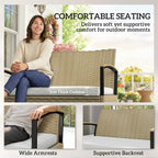 Khaki outdoor storage bench with thick padded cushion and supportive backrest
