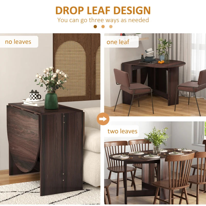 Dark brown drop-leaf folding table with wood-look top and side panel opening