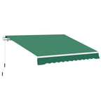 Green manual retractable awning with white metal frame and wavy valance edge