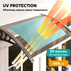 Brown arched door canopy awning with slatted panel and curved support arms
