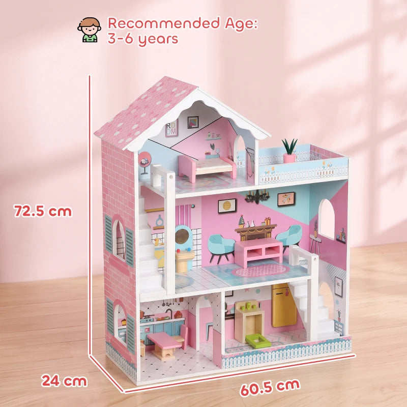Pink wooden 3-storey dollhouse with pitched roof, front view, and play accessories