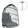 Hanging Egg Chair, Foldable Rattan Garden Swing Chair with Installation Kit, Thickened Cushion and Headrest, Indoor Outdoor Hanging Egg Basket Seat for Patio, Porch, Dark Grey - Bobobiy