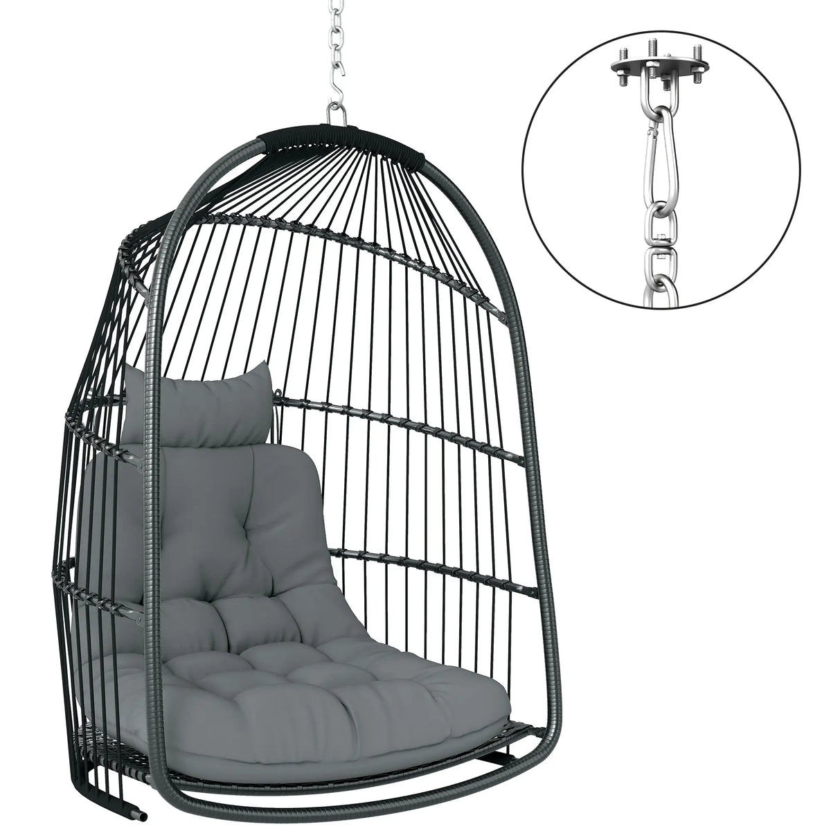 Outsunny Hanging Egg Chair, Foldable Rattan Garden Swing Chair with Installation Kit, Thickened Cushion and Headrest