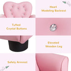 Pink kids armchair with crystal button tufting and raised wooden legs
