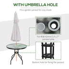Black outdoor bistro table with umbrella hole and circular base support