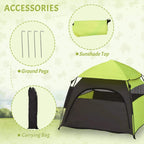 Green pop-up pet tent with included carrying bag and ground pegs