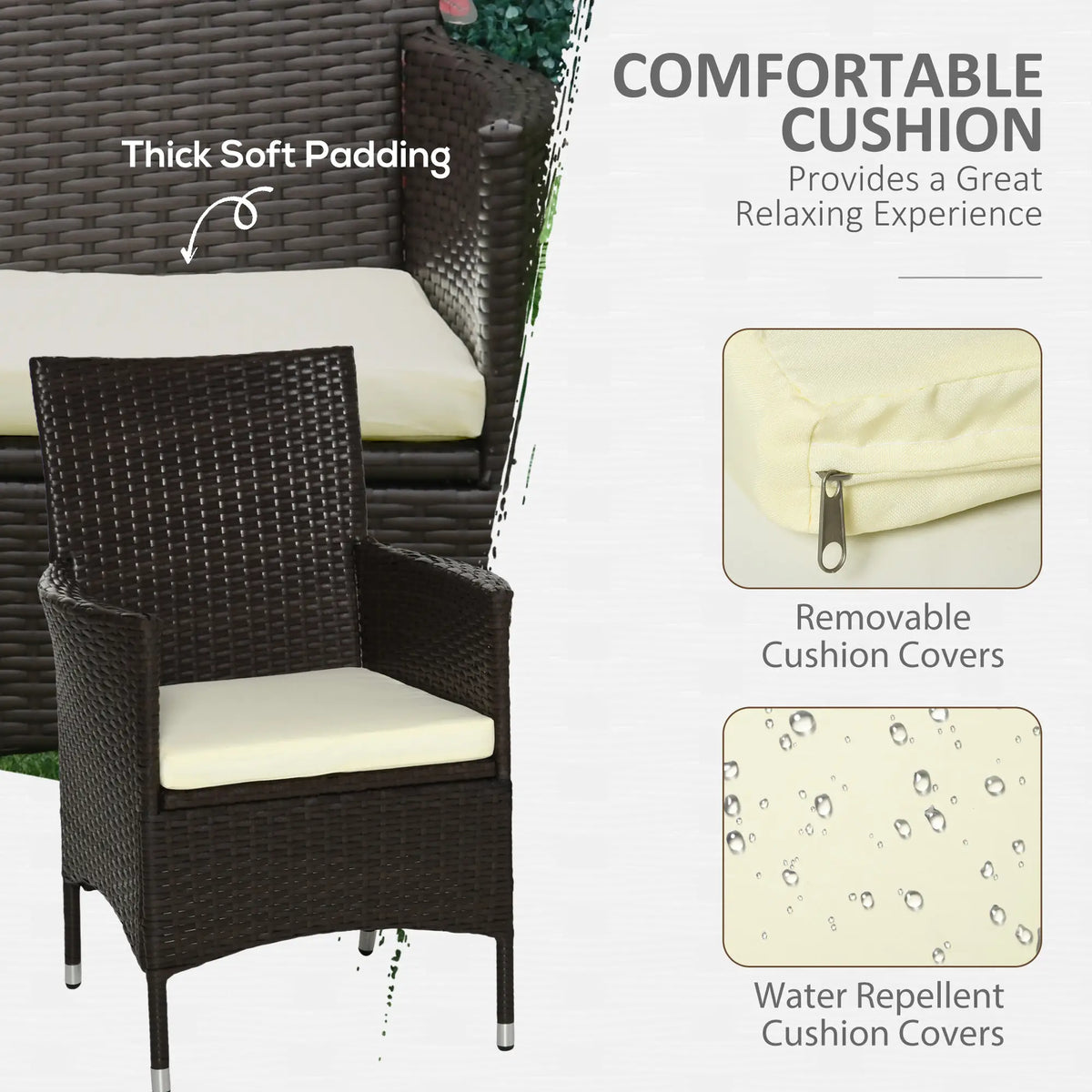 Woven patio armchair with thick cream cushion and removable, water-repellent cover details
