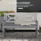 Grey 2-seater garden bench with decorative circular backrest pattern and slatted seat