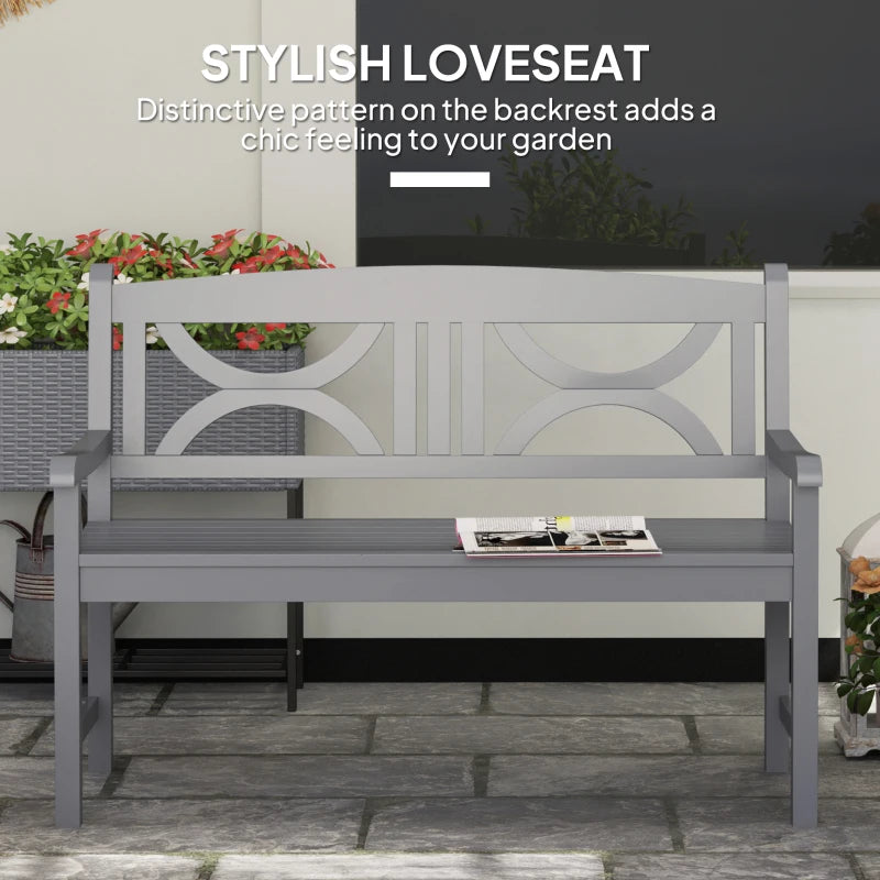 Grey 2-seater garden bench with decorative circular backrest pattern and slatted seat