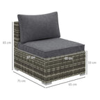 Armless rattan garden chair with deep grey backrest cushion and seat pad, measured frame