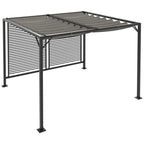 Grey metal pergola with retractable fabric roof over open patio
