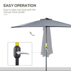 Grey half umbrella with manual crank handle and open canopy shade