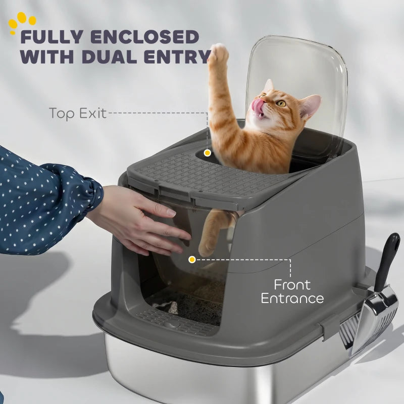 Dark grey fully enclosed cat litter box with top exit and front entrance, scoop attached
