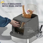 Dark grey fully enclosed cat litter box with top exit and front entrance, scoop attached