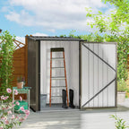 Lean-to steel garden shed with side doors open, brown and gray exterior panels.