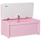 Pink wooden toy box bench with open lid supported by safety rod