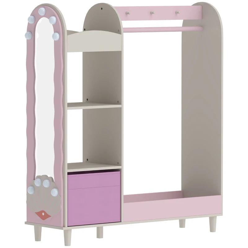 Kids clothing wardrobe in pink with mirror, shelves, and fabric drawer, front view.