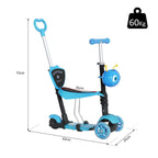 Blue kids scooter with adjustable handle, black frame, and four light blue wheels