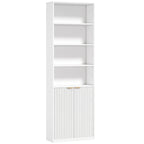 White 6-tier adjustable bookshelf with open shelves and lower ribbed double doors