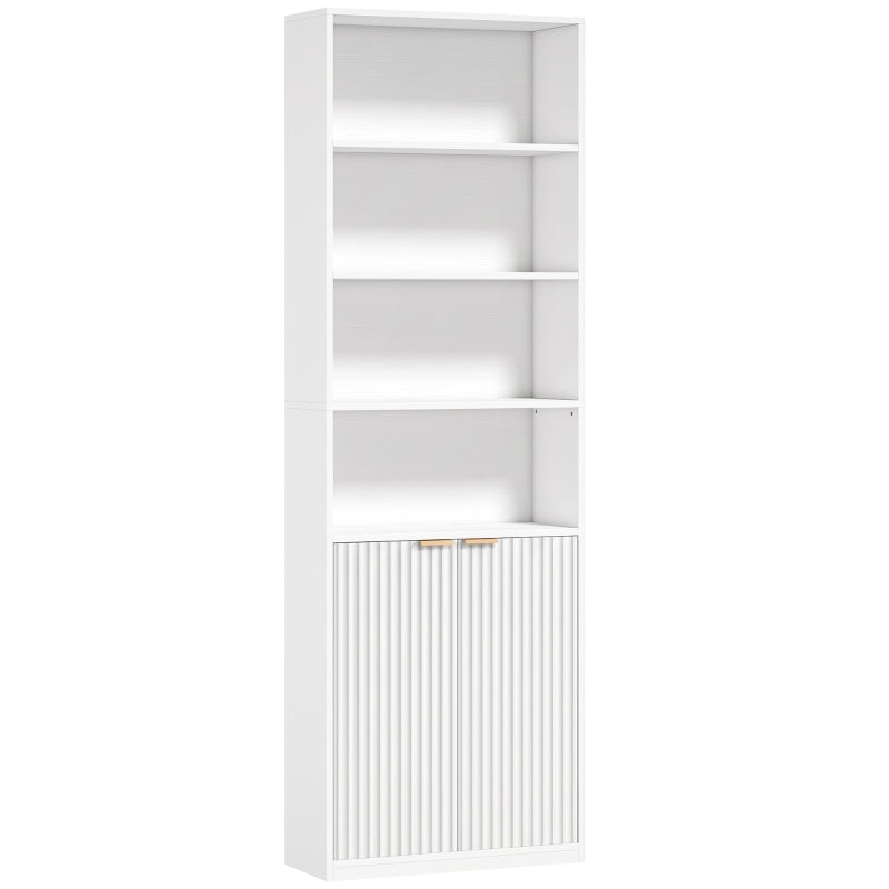 White 6-tier adjustable bookshelf with open shelves and lower ribbed double doors