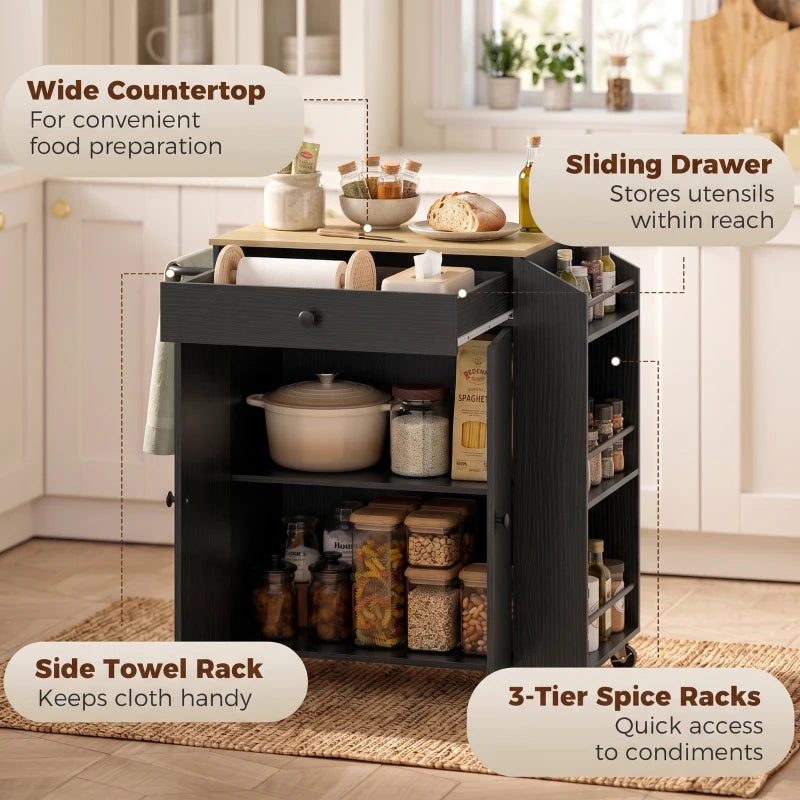 Black rolling kitchen island cart with sliding drawer and open spice racks