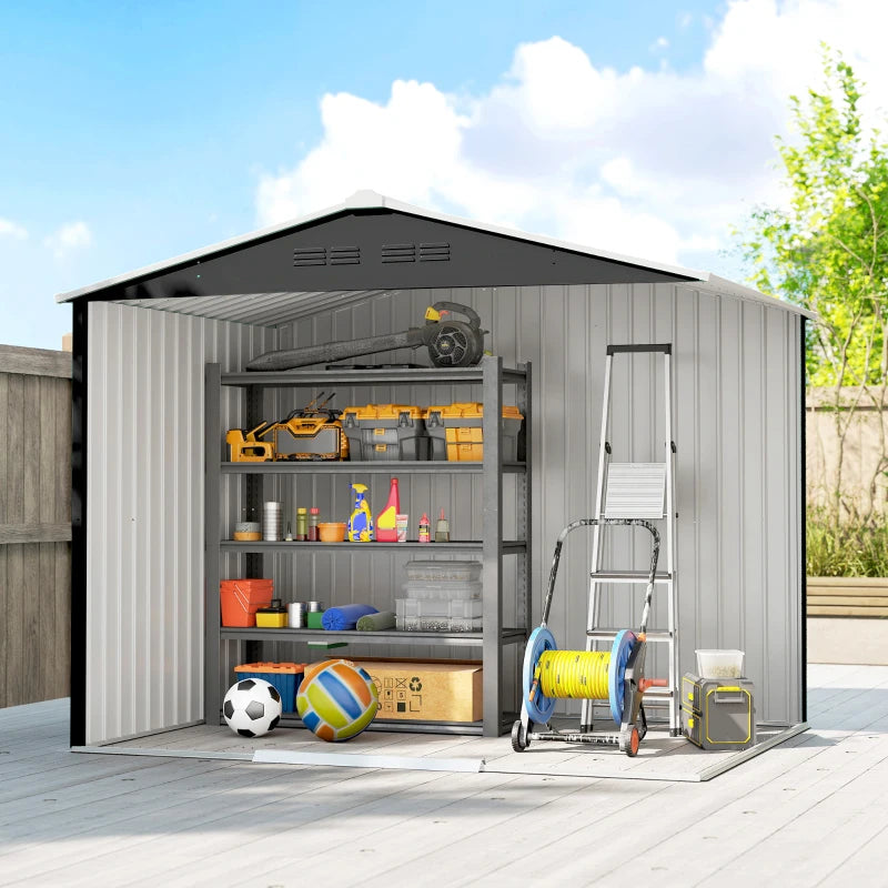 Dark grey galvanised steel shed interior with shelving and tool storage