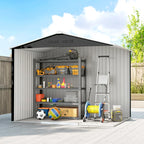 Dark grey galvanised steel shed interior with shelving and tool storage