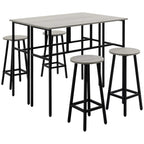 Counter-height bar table set with grey rectangular tables and four round stools