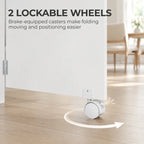 White folding dining table on lockable casters with natural wood tabletop and storage frame