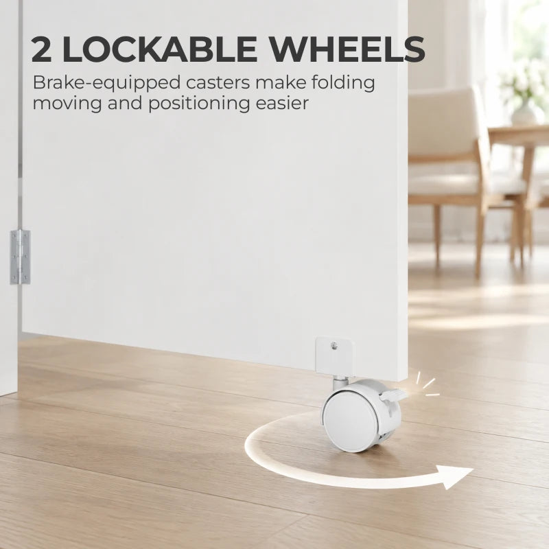 White folding dining table on lockable casters with natural wood tabletop and storage frame
