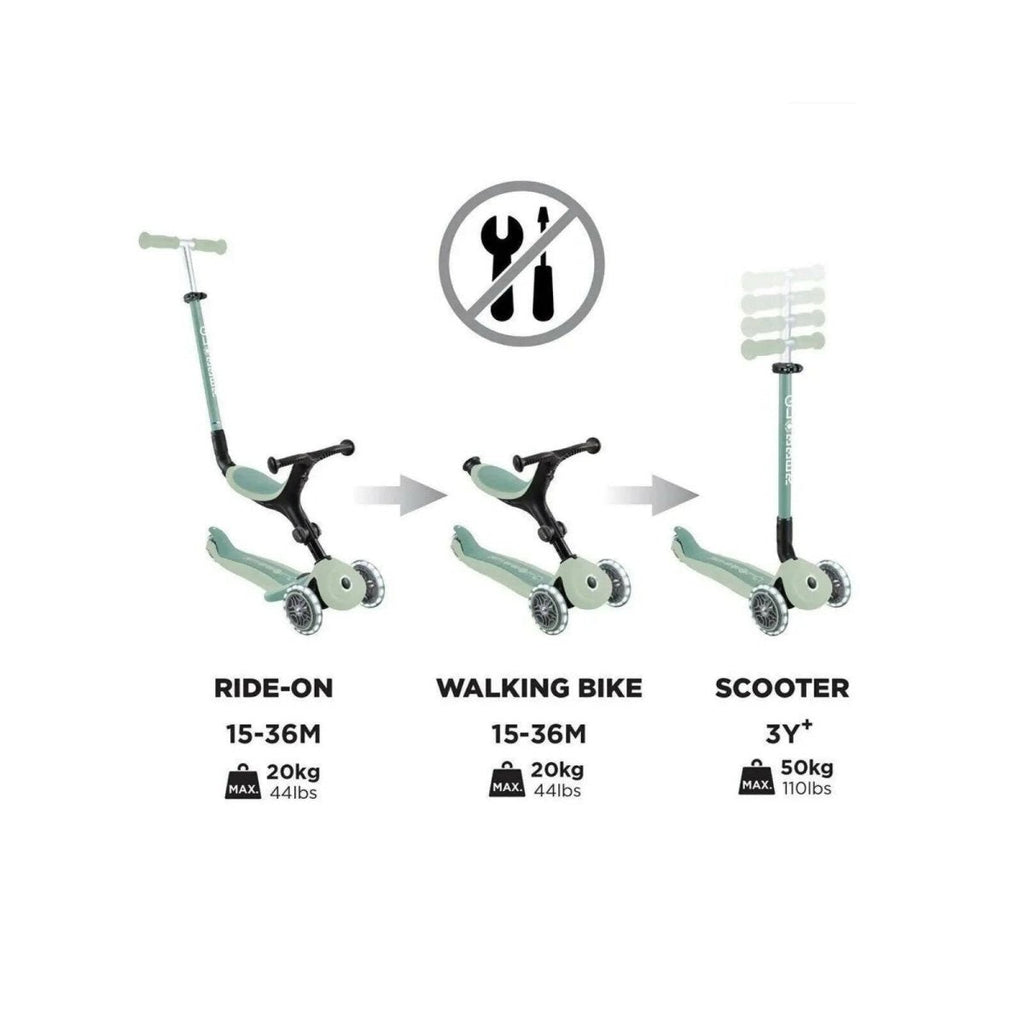 Pistachio mint scooter shown with ride-on, walking bike, and scooter configurations