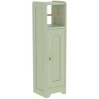 Light green slim bathroom storage cabinet with toilet roll holder and arched door panel