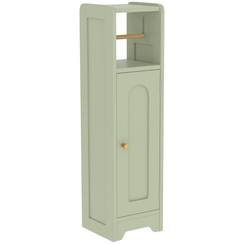 Light green slim bathroom storage cabinet with toilet roll holder and arched door panel