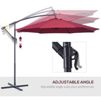 Wine-red hanging patio parasol with adjustable angle joint on dark support pole