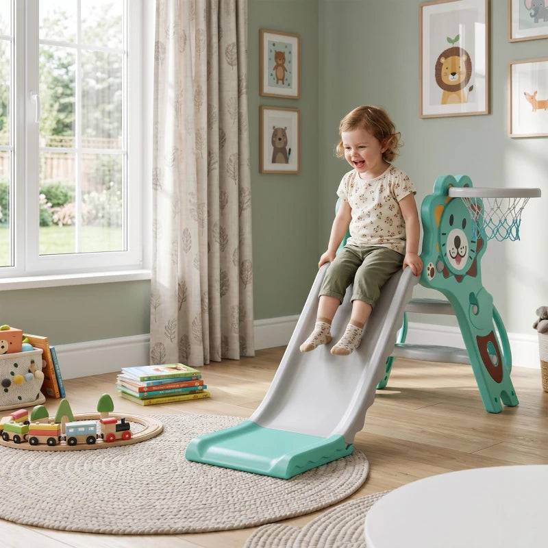 Teal kids slide with basketball hoop climber, with toddler standing on the deck