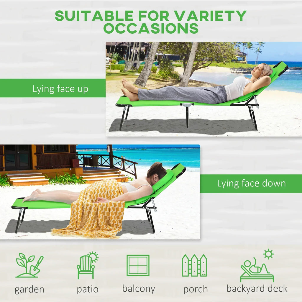 Folding Sun Loungers Set of 2 with Face Hole, 4-Position Adjustable Backrest Garden Recliner Chairs Sunbeds, Outdoor Lounge Chairs with 600 D Oxford Cloth Seat, Pillow for Beach, Green - Bobobiy