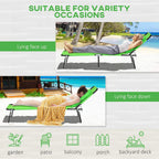 Two green folding sun loungers with face-hole headrest and adjustable reclining positions.