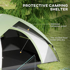Green and grey dome tent with overhang roof and sealed floor area along the edge