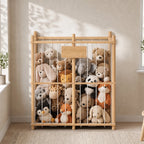 Natural wood stuffed animal storage cage filled with plush toys and top center panel