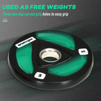 Black and green weight plate with center hole, non-slip grip cutouts and SPORTNOW branding