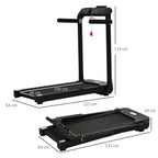 Black foldable motorized treadmill with console, running deck, and labeled dimensions