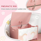Pink toy chest with open lid and metal lift support