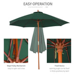 Green round patio umbrella with wooden pole and hanging cloth cover detail at center