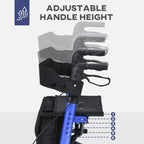 Adjustable-height handle on a blue rollator walker with padded armrests and brakes