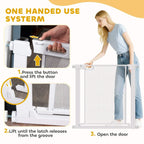 White pet safety gate latch handle for one-handed use, showing release button