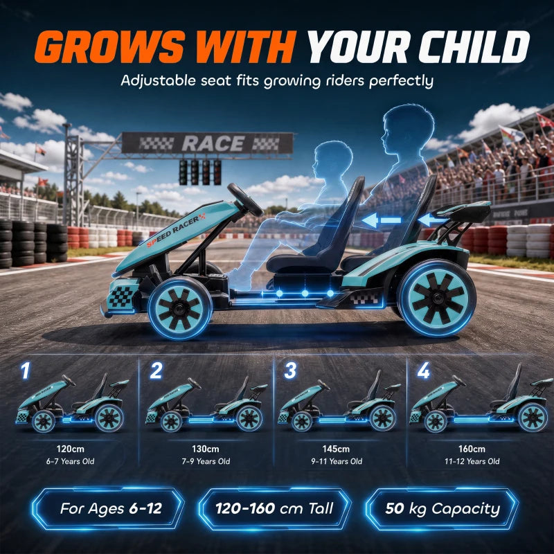Light blue electric kids go-kart with adjustable seat, low side profile.
