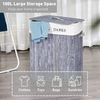 Grey fabric laundry hamper with hinged lid and DARKS label, fabric liner inside