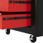 Interior red drawers with locking latches on steel tool chest
