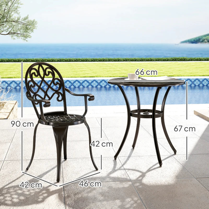 Black three-piece garden bistro set: round table and two arched-back chairs