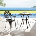 Black three-piece garden bistro set: round table and two arched-back chairs